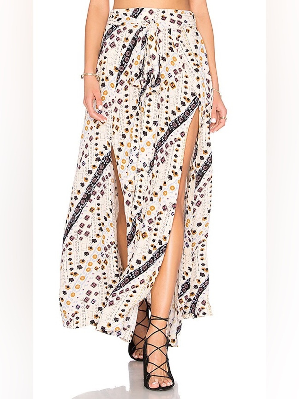Free People Remember Me Maxi Skirt Ivory Combo Size 2 Boho Tie Waist